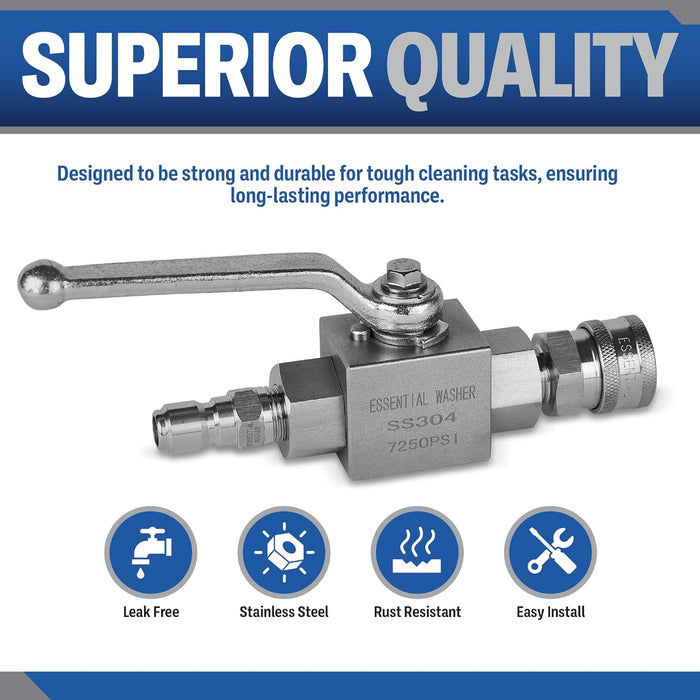 ESSENTIAL WASHER 7250 PSI High Pressure Washer Ball Valve, 3/8" NPT Female With Stainless Steel Coupler And Plug - Stainless Steel Ball Valve Shut Off Valve Kit