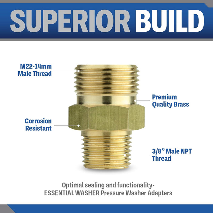 ESSENTIAL WASHER 3/8'' NPT Male to M22 14mm Adapter Male | Power Washer Coupling | Pressure Washer Adapter | Brass Male Pipe Thread 4500 PSI | 2 Pack