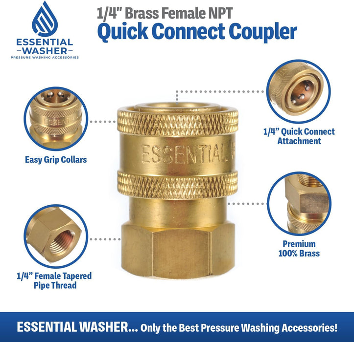 ESSENTIAL WASHER Brass 1/4" Female Quick Connect Fittings To Female NPT - Pressure Washer Couplers, 4200 PSI, 2 Pack