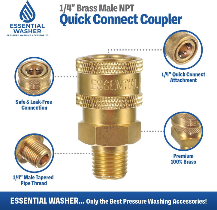 ESSENTIAL WASHER Brass 1/4" Female Quick Connect Fittings To Male NPT - Pressure Washer Couplers, 4200 PSI, 2 Pack